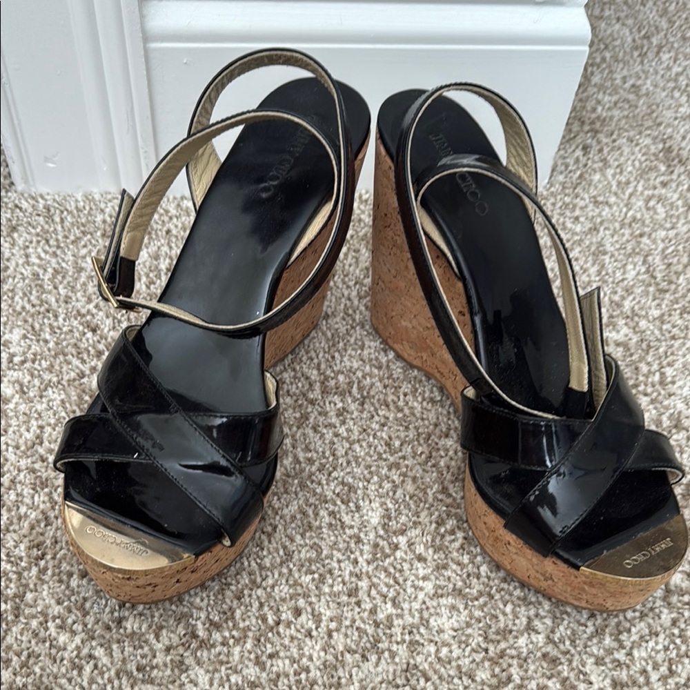 Jimmy Choo Patent Leather Cork Wedge Sandals
